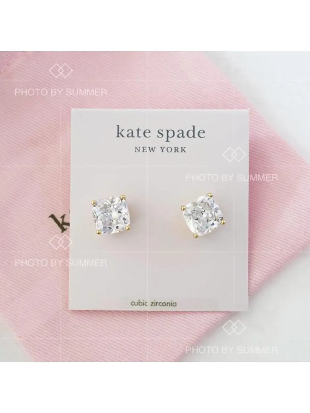Kate Spade Mini Small Square Studs Earrings Gold Clear NWT
